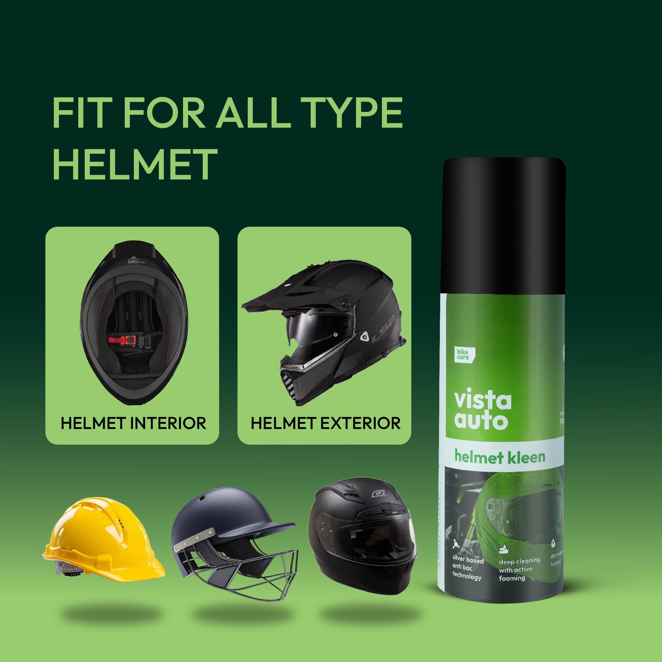Helmet Cleaner Combo | Helmet Kleen Spray 125ml + Microfiber Cloth | Silver-Based Antibacterial | Deep Foam Cleaning | Streak & Lint-Free Finish | Dermatologically Tested