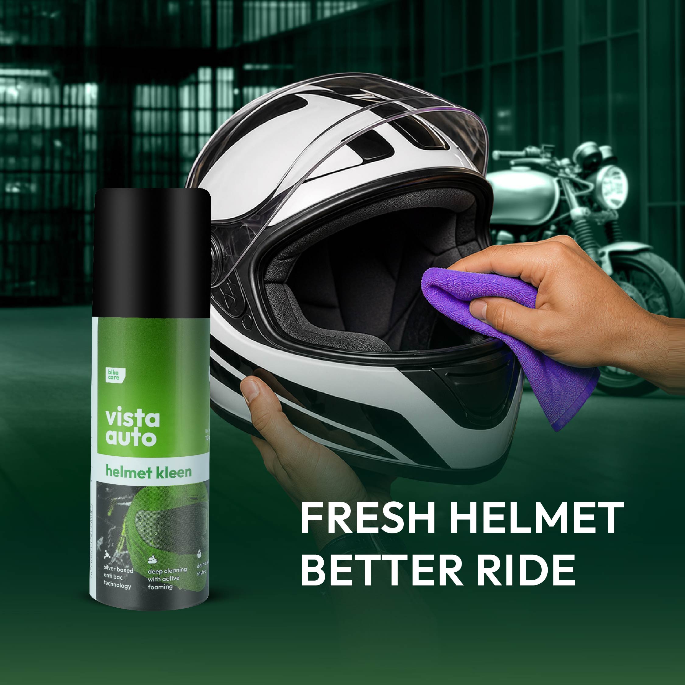 Helmet Cleaner Combo | Helmet Kleen Spray 125ml + Microfiber Cloth | Silver-Based Antibacterial | Deep Foam Cleaning | Streak & Lint-Free Finish | Dermatologically Tested