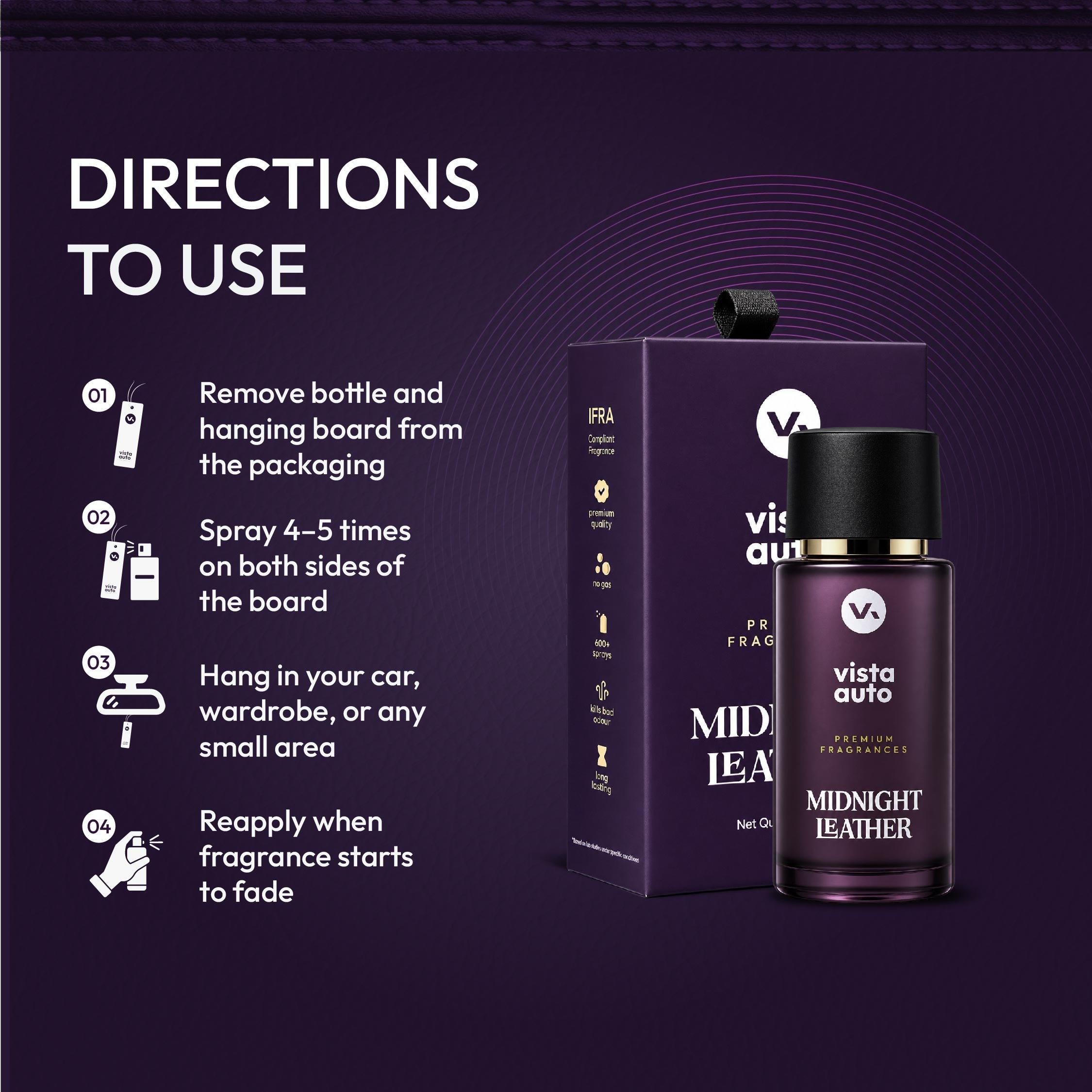 Midnight Leather Car Perfume Hanging Card |  Agarwood Musk Leather Fragrance | Long-Lasting Air Freshener | 600+ Sprays | No Gas | IFRA Certified