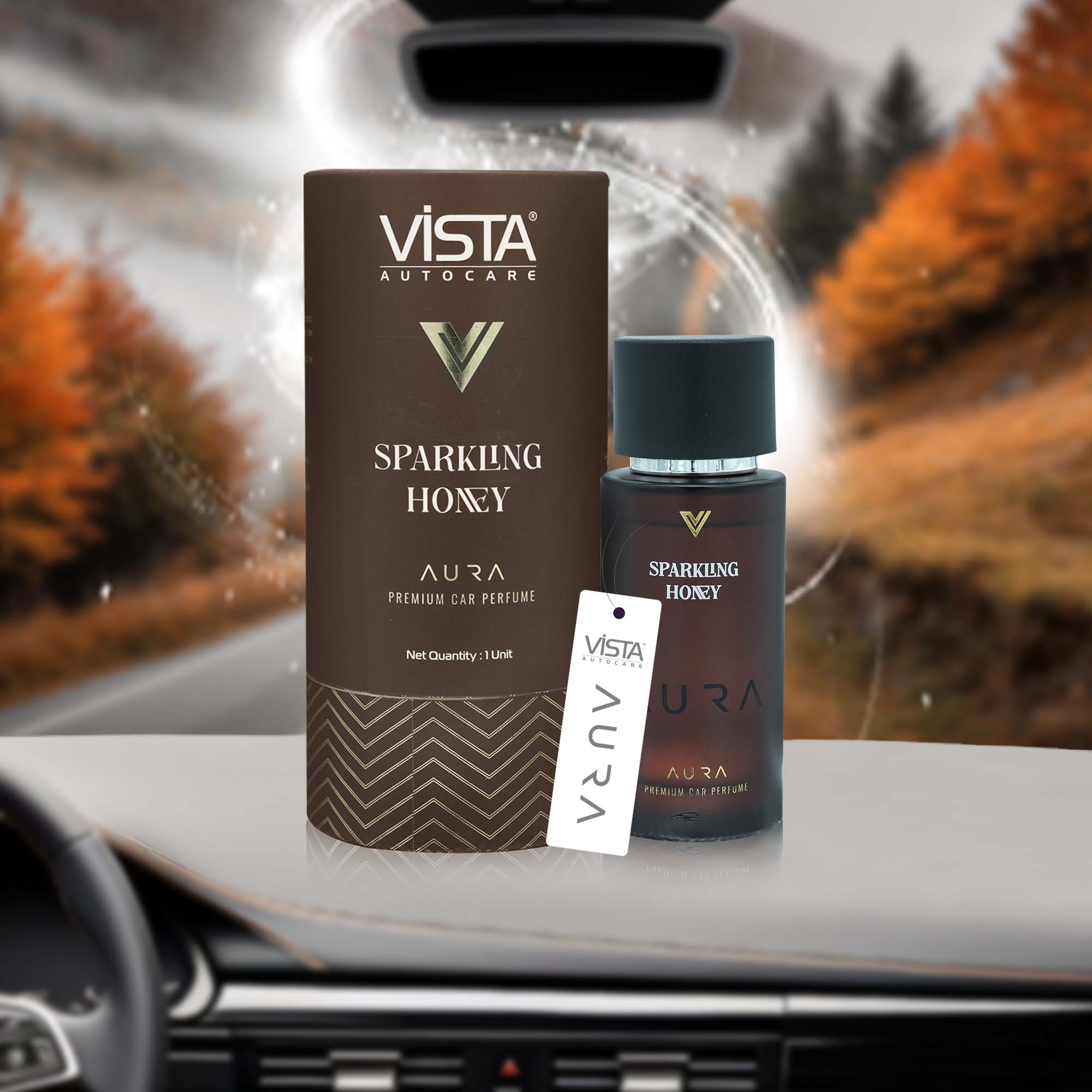 Vista Aura Premium Car Perfume - Sparkling Honey 50 ml with 2 Hanging Boards | Long Lasting Car Air Freshener Luxury Perfume | 600+ Sprays | Hanging Freshener
