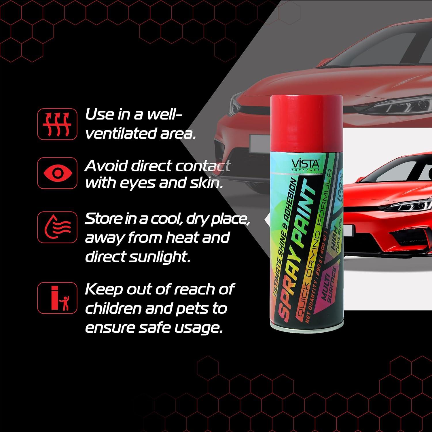 Vista Auto Care DIY Acrylic Spray Paint (Pure Red, 400 ml) | Quick Drying Gloss Finish Aerosol for Metal, Wood & Walls