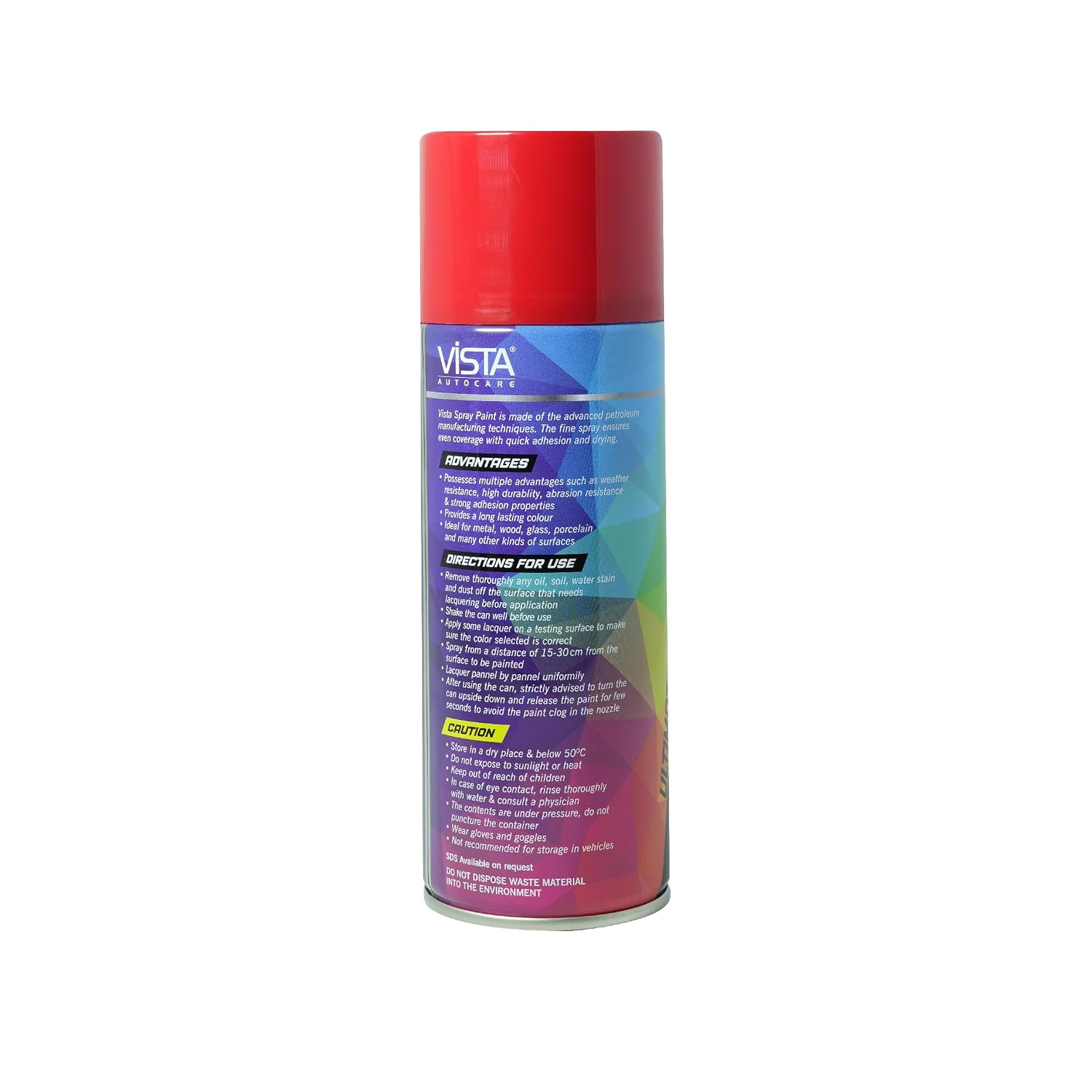 Vista Auto Care DIY Acrylic Spray Paint (Pure Red, 400 ml) | Quick Drying Gloss Finish Aerosol for Metal, Wood & Walls