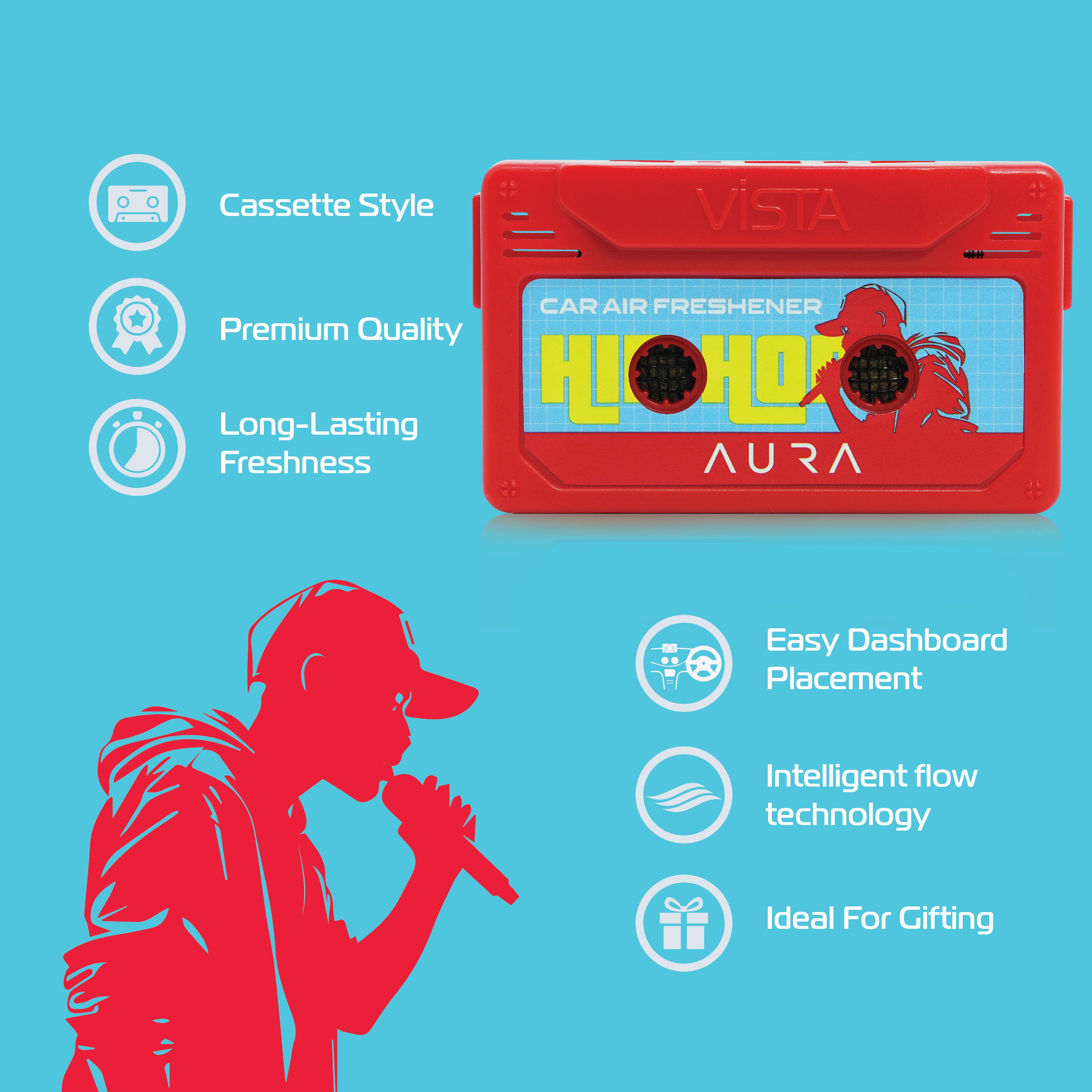 Aura Hip Hop Car Air Freshener – Cassette Style Dashboard Perfume | Long-Lasting Wooden Block Car Fragrance | Fresh Urban Vibe - 26g