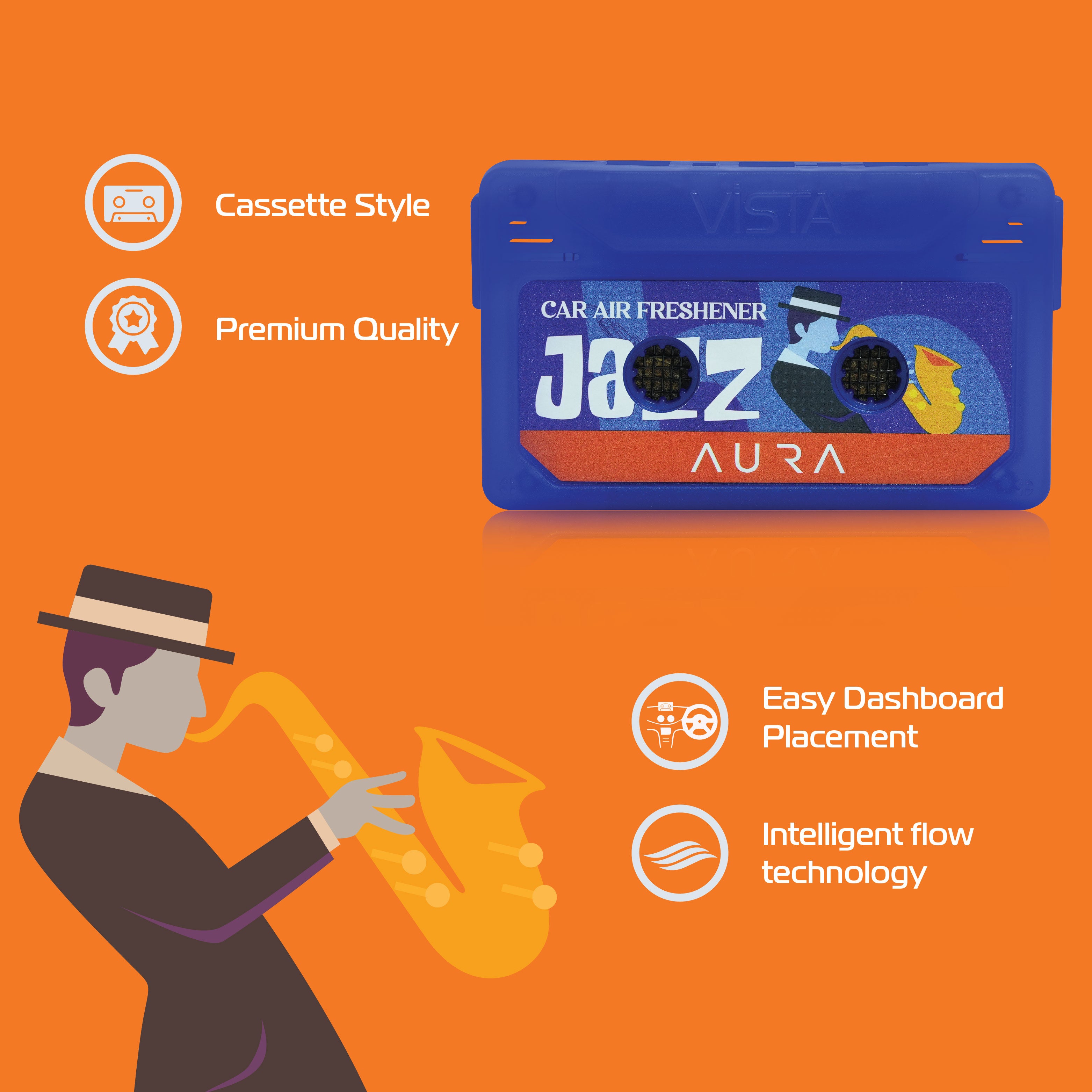 Aura Jazz Car Air Freshener – Cassette Style Dashboard Perfume | Long-Lasting Wooden Block Car Fragrance | Feel the Rhythm, Breathe the Vibe - 26g