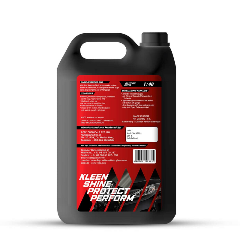 Vista Auto Shampoo EKO is an innovative wash for cars and bikes with a pH neutral formula. The powerful skin safe foam instantly breaks down sticky dirt layers, deposits like bird droppings, tree sap and road grime etc. Vista Auto Wash Shampoo EKO is completely safe for all types of exterior coatings and its unique nano-tech formulation leaves no marks to give exterior parts a fresh shiny look.
