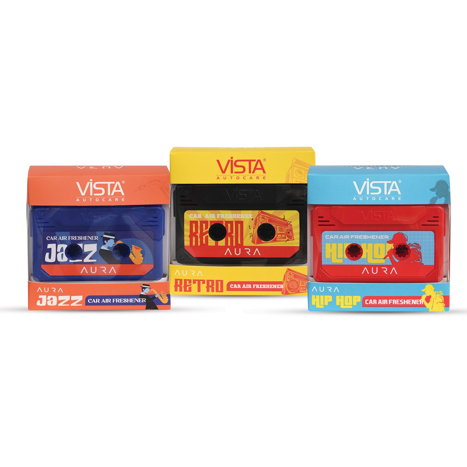 Aura Hip Hop, Retro, Jazz | Pack of 3 Car Air Freshener – Cassette Style Dashboard Perfume | Long-Lasting Wooden Block Car Fragrance | 26g Each