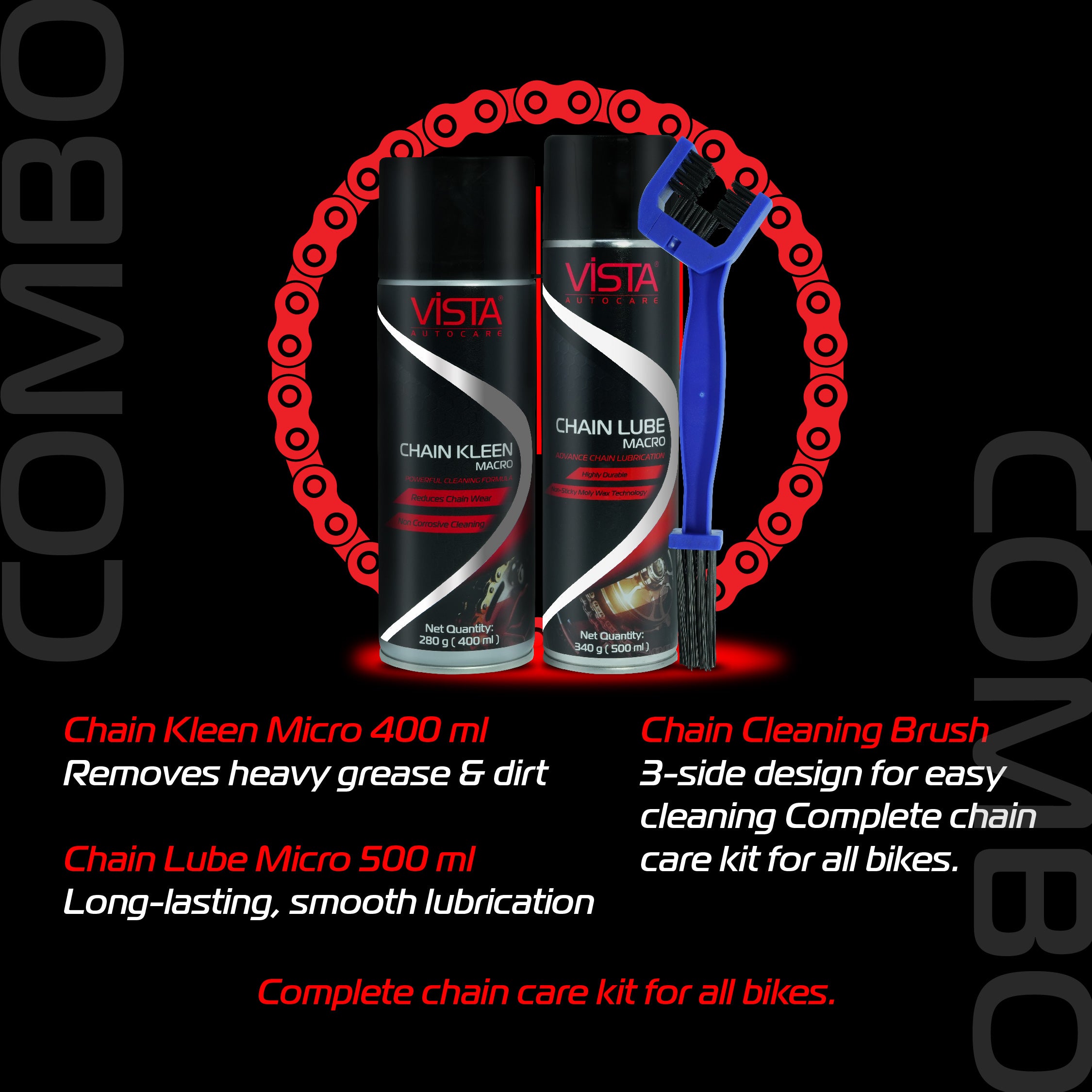 Chain Care Combo Macro | 3 in 1 Professional Bike Chain Maintenance Kit | Chain Lube 500 ml, Chain Kleen 400 ml & Brush