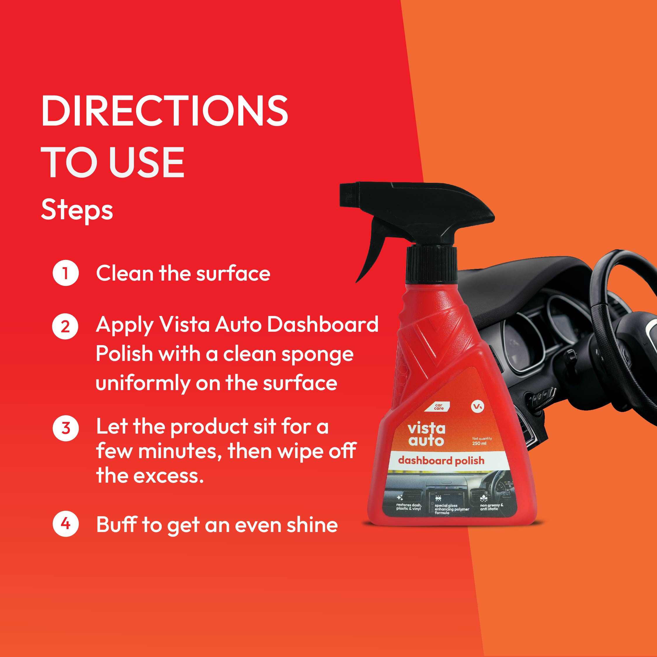 Dashboard Polish 250 ml for Car | UV Protection, Dust-Repellent, Matte Finish for Vinyl, Plastic & Rubber