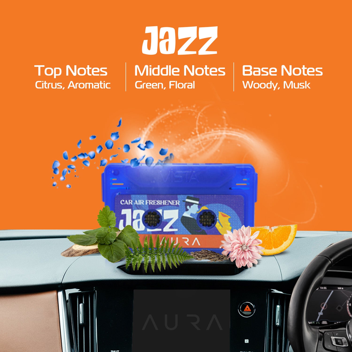 Aura Jazz Car Air Freshener – Cassette Style Dashboard Perfume | Long-Lasting Wooden Block Car Fragrance | Feel the Rhythm, Breathe the Vibe - 26g
