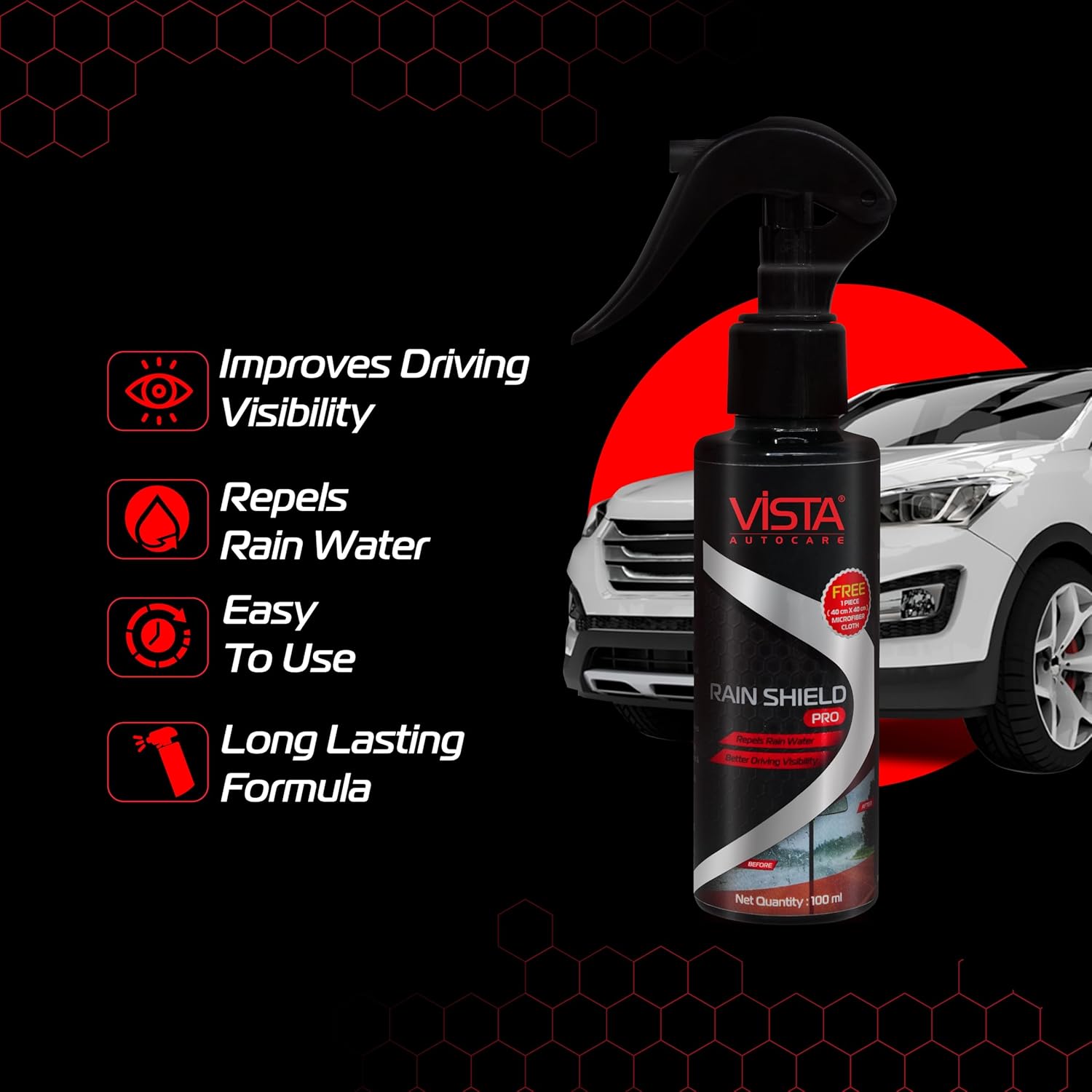 Rain Shield Pro 100ml Car Windshield Water Repellent Coating Spray with Microfiber Cloth | Hydrophobic Glass Coating