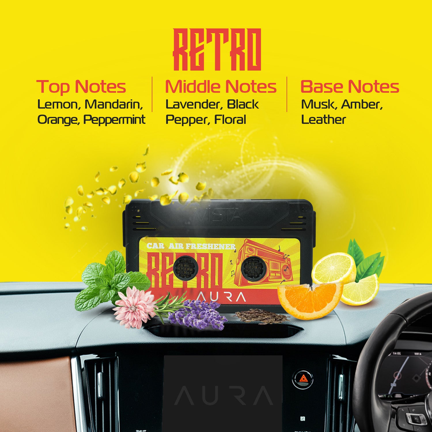 Aura Retro Car Air Freshener – Classic Oudh Cassette Style Dashboard Perfume | Long-Lasting Wooden Block Car Fragrance | Nostalgic Freshness - 26g