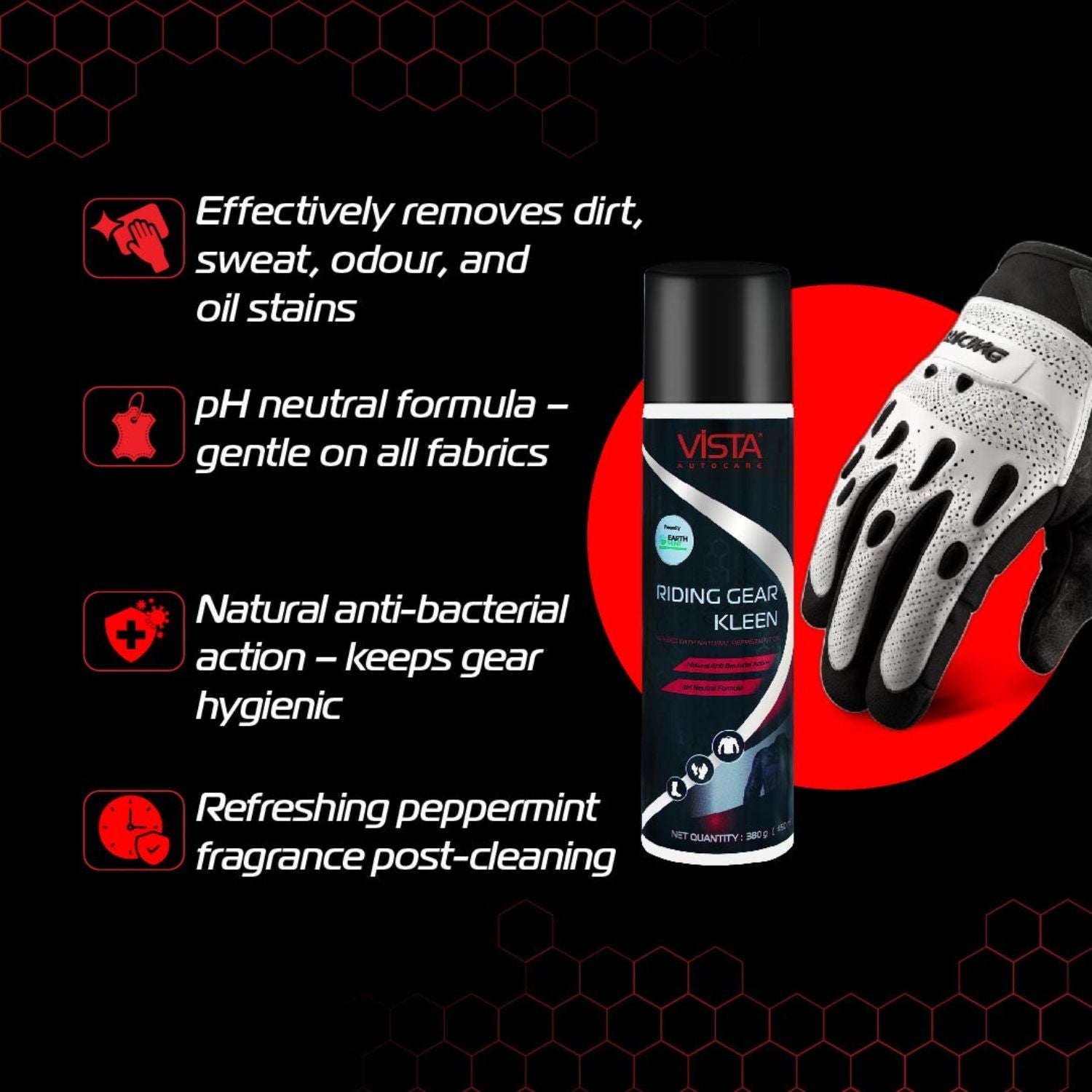 Riding Gear Kleen 450 ml | Riding Gear Cleaner Foam Spray | Antibacterial | For Bike Helmet, Jackets, Pants, Gloves, Shoes | Removes Dirt & Odor | Refreshing Mint Fragrance