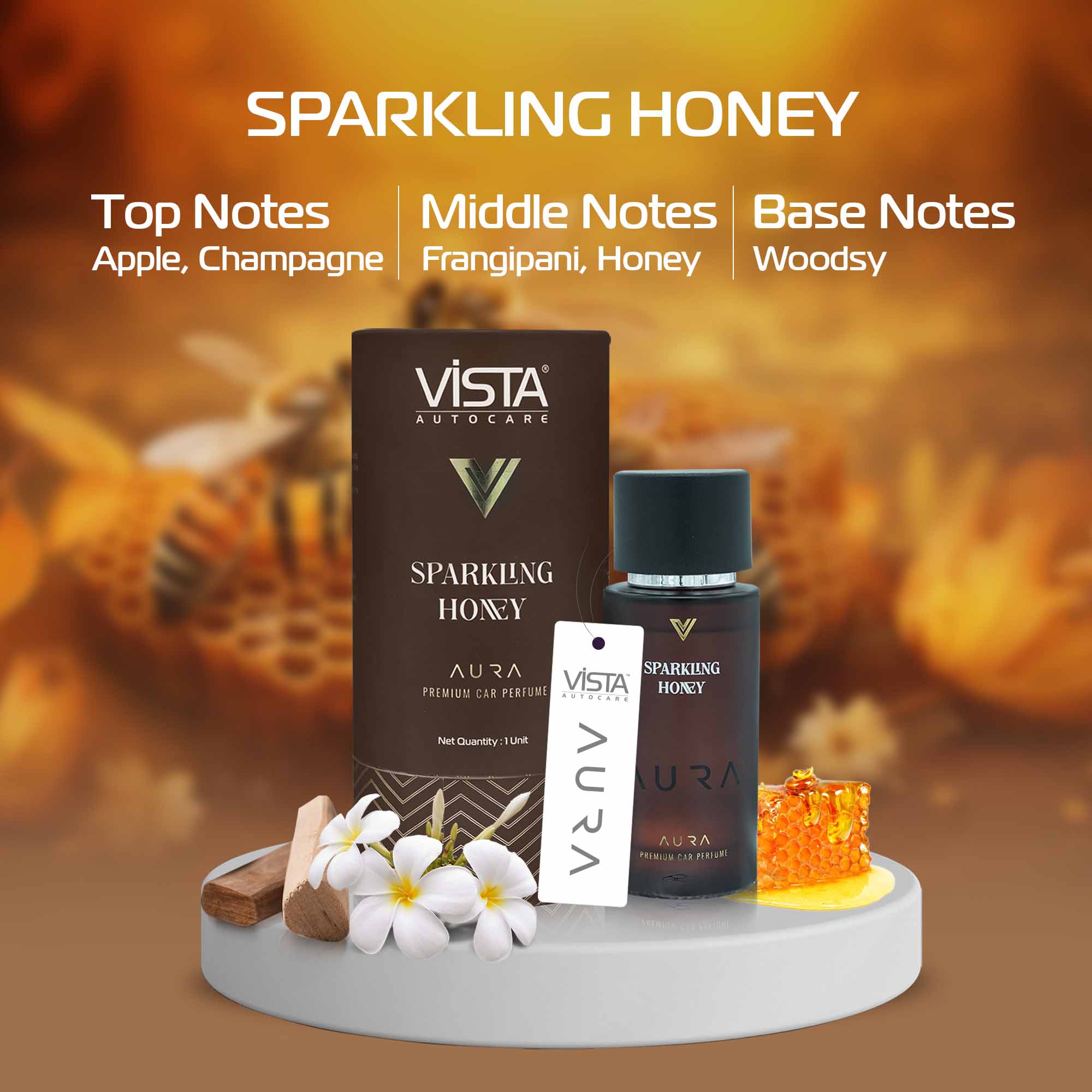 Vista Aura Premium Car Perfume - Sparkling Honey 50 ml with 2 Hanging Boards | Long Lasting Car Air Freshener Luxury Perfume | 600+ Sprays | Hanging Freshener